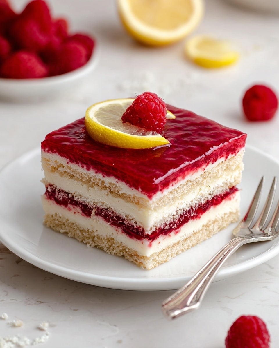 A square slice of layered raspberry dessert sits on a white plate on a white marbled surface. The dessert has four layers: the bottom layer is a light beige cake, followed by a thick creamy white layer, then a bright red mixed raspberry layer, topped with another light beige cake layer and a final rich red glossy raspberry topping. A thin slice of lemon and a fresh raspberry decorate the top corner. There are a few loose raspberries and a lemon wedge scattered around. A fork lies beside the plate. Photo taken with an iphone --ar 4:5 --v 7