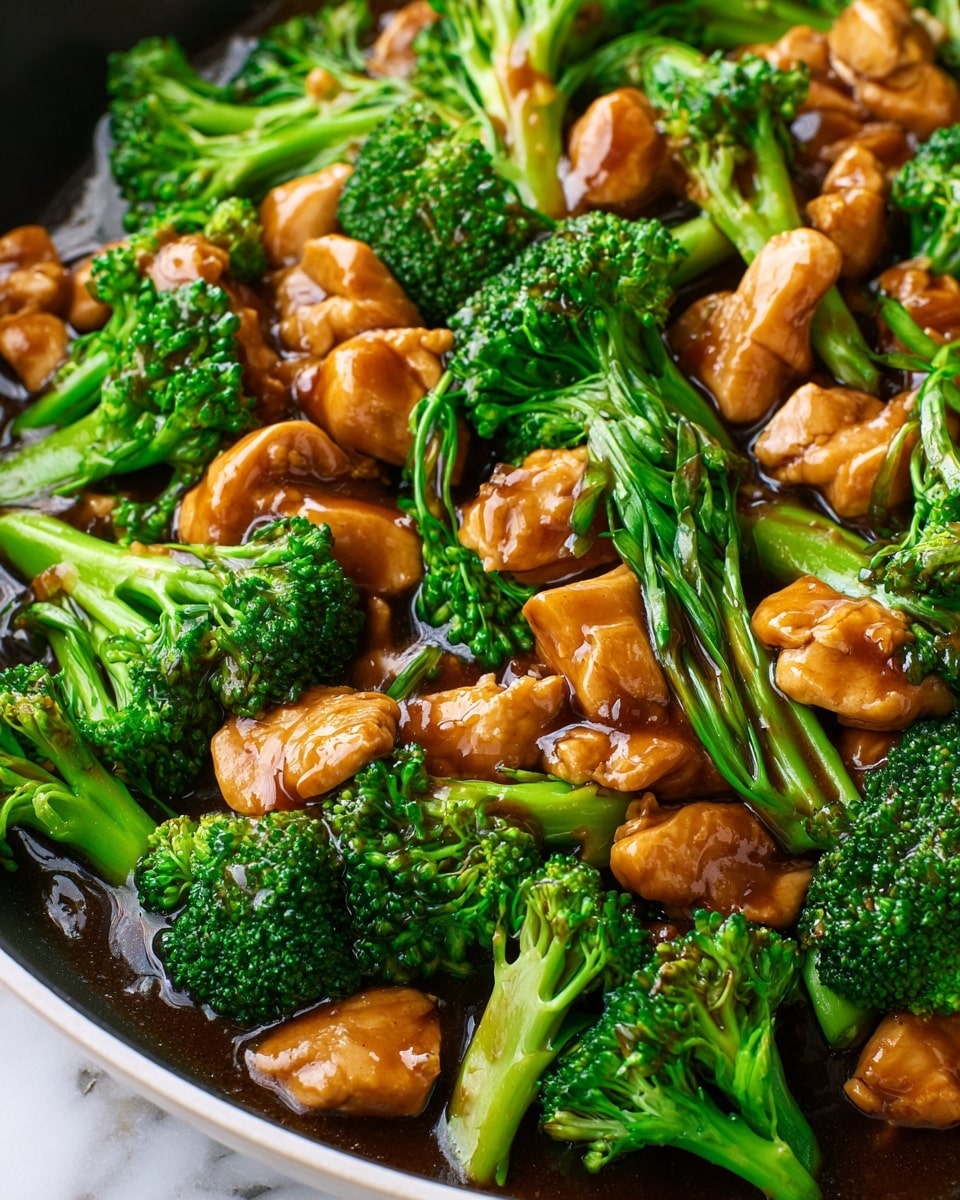 This image shows a close-up of a cooked dish with two main layers: bright green broccoli florets and light brown chicken pieces. The broccoli looks fresh and steamed, with detailed small buds and thick stalks, while the chicken chunks have a smooth texture, coated evenly with a glossy, dark brown sauce that pools slightly at the base. The sauce has a shiny, thick appearance, covering many parts of both the broccoli and chicken. The ingredients are mixed together, filling the entire frame on a white marbled surface. photo taken with an iphone --ar 4:5 --v 7