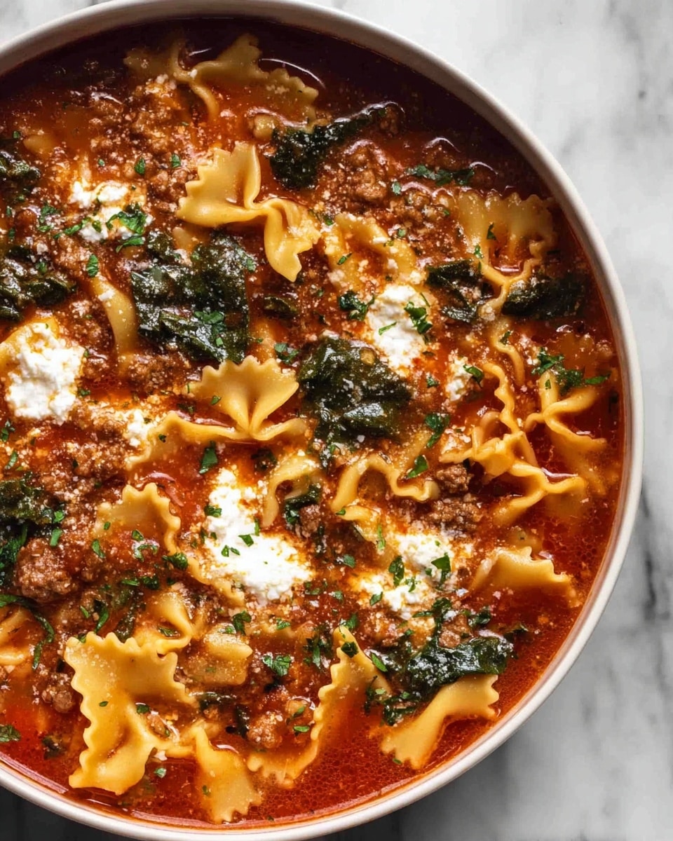 A close-up view of a white bowl filled with a steaming lasagna soup, showing one large spoonful lifted above the bowl. The soup has three clear layers: the base is a rich, reddish-orange tomato broth with a slightly oily surface, scattered with green herbs. The middle layer contains ruffled pale yellow pasta pieces that look soft and tender, partially soaked in the broth. The top layer is ground beef cooked in the sauce, dark brown and crumbly, mixed with bits of parsley for a fresh green contrast. The spoon lifts a mix of all three layers, showing shiny moist textures and a balanced blend of colors. Photo taken with an iphone --ar 4:5 --v 7