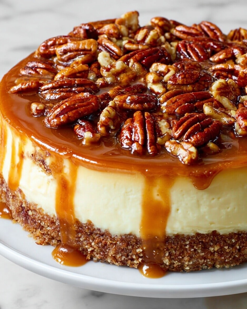 The image shows a creamy cheesecake with three visible layers placed on a white plate. The bottom layer is a thick, crumbly brown crust with a rough texture. Above it is a smooth, thick middle layer of pale yellow cream cheese. The top layer is a glossy caramel sauce dripping down the sides, covered with many shiny, brown pecans evenly spread across the surface. The whole cheesecake sits on a white marbled surface. photo taken with an iphone --ar 4:5 --v 7