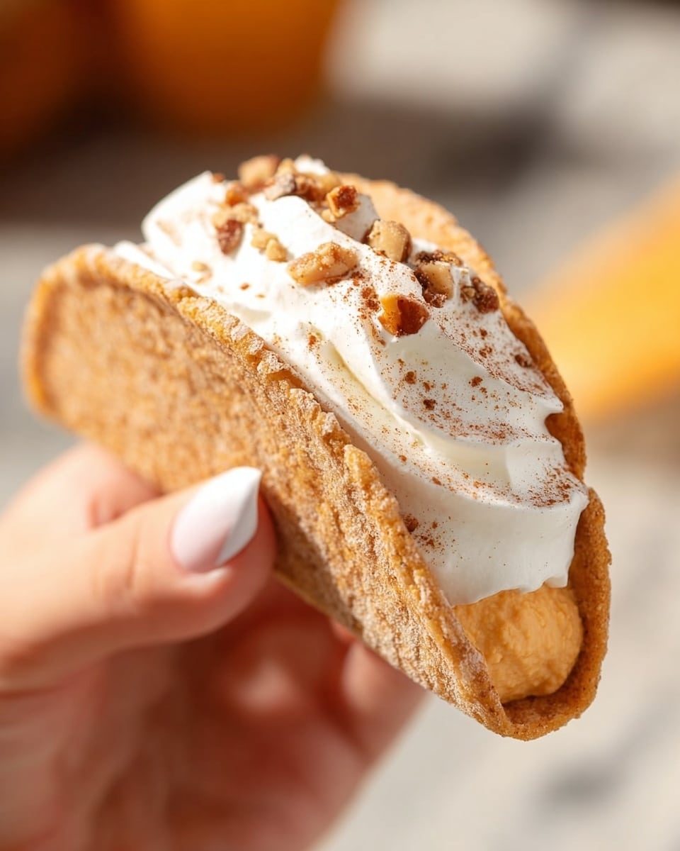 A close-up image of a small taco-shaped dessert held by a woman's hand with long manicured nails. The taco shell is light brown with a rough, baked texture. Inside the shell, there are two layers: the bottom layer is a smooth, thick, orange cream, and the top layer is a fluffy white cream sprinkled with small pieces of crushed nuts and a touch of brown powder, possibly cinnamon. The background is softly blurred with warm tones, resting on a white marbled texture. Photo taken with an iphone --ar 4:5 --v 7