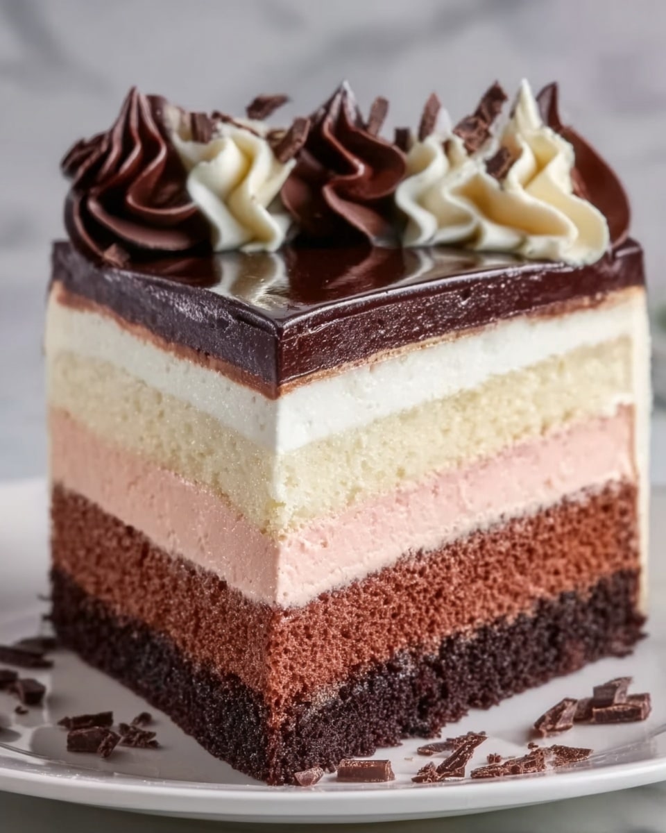 A close-up image of a slice of layered cake on a white plate, showing four distinct layers: a dark brown bottom layer with a moist texture, a thick white creamy layer above it, followed by a light pink layer, and a smooth dark chocolate ganache layer on top. The top is decorated with swirls of dark chocolate and white cream, and small pieces of chocolate shavings scattered around. The background has a white marbled texture. photo taken with an iphone --ar 4:5 --v 7