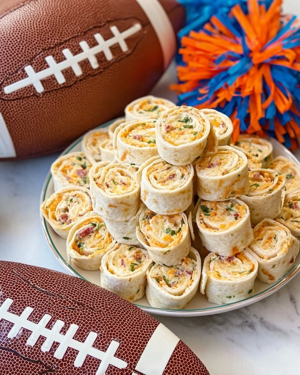 A white plate holds many small, round tortilla pinwheels stacked in a mound. Each pinwheel shows layers of white tortilla with creamy light orange filling mixed with small bits of green and red herbs or vegetables, giving a fresh and colorful look. The plate is placed on a white marbled surface with football-themed items nearby, including a brown football-shaped plate with white stitching and orange and blue pom-poms, adding a sporty atmosphere. Photo taken with an iphone --ar 4:5 --v 7