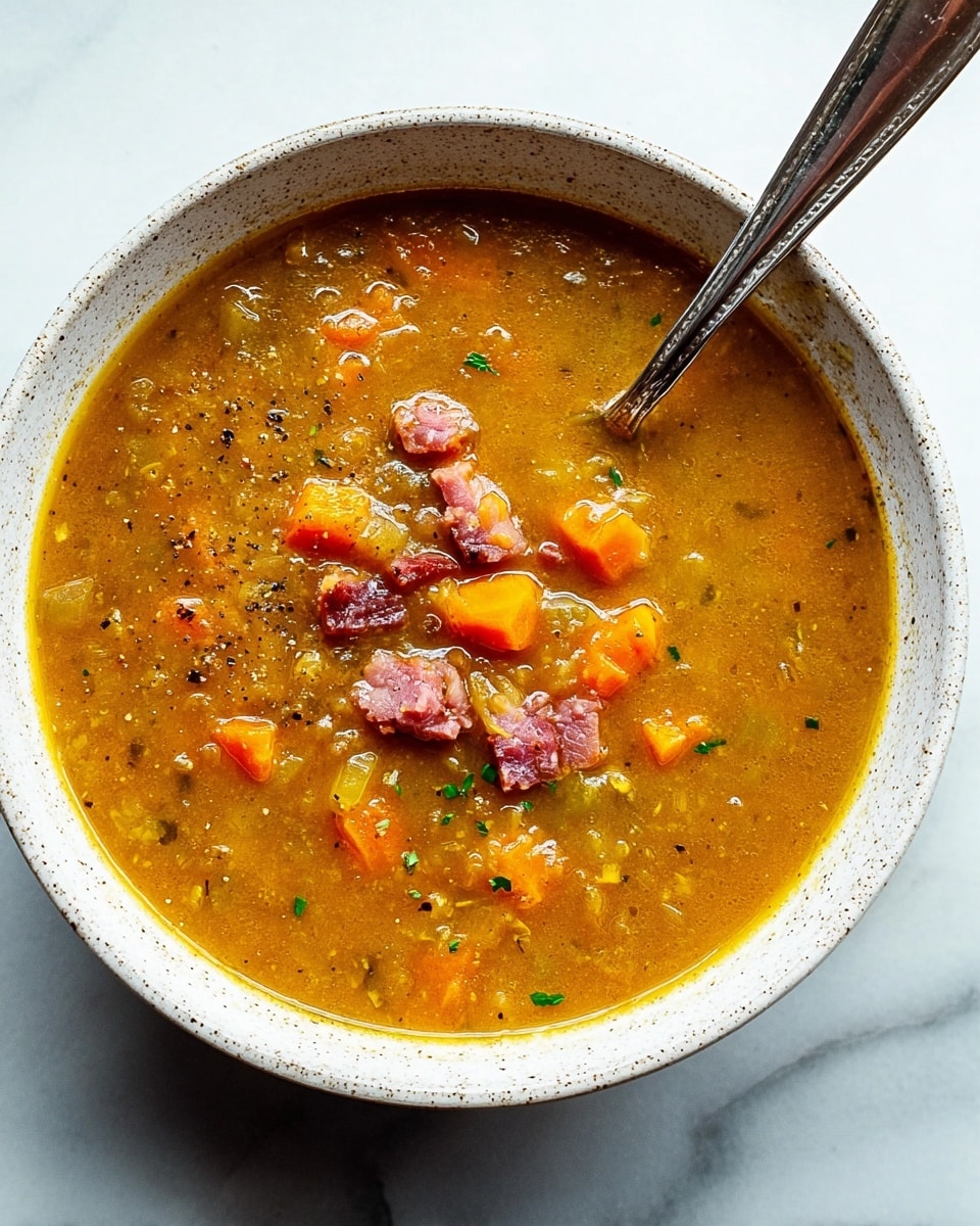A white speckled bowl filled with thick, orange-brown soup, showing chunks of bright orange carrots, small pieces of dark pink meat, and bits of green herbs floating throughout. The soup has a smooth yet slightly chunky texture. A silver spoon rests inside the bowl, partly submerged in the soup. The bowl sits on a white marbled surface. photo taken with an iphone --ar 4:5 --v 7