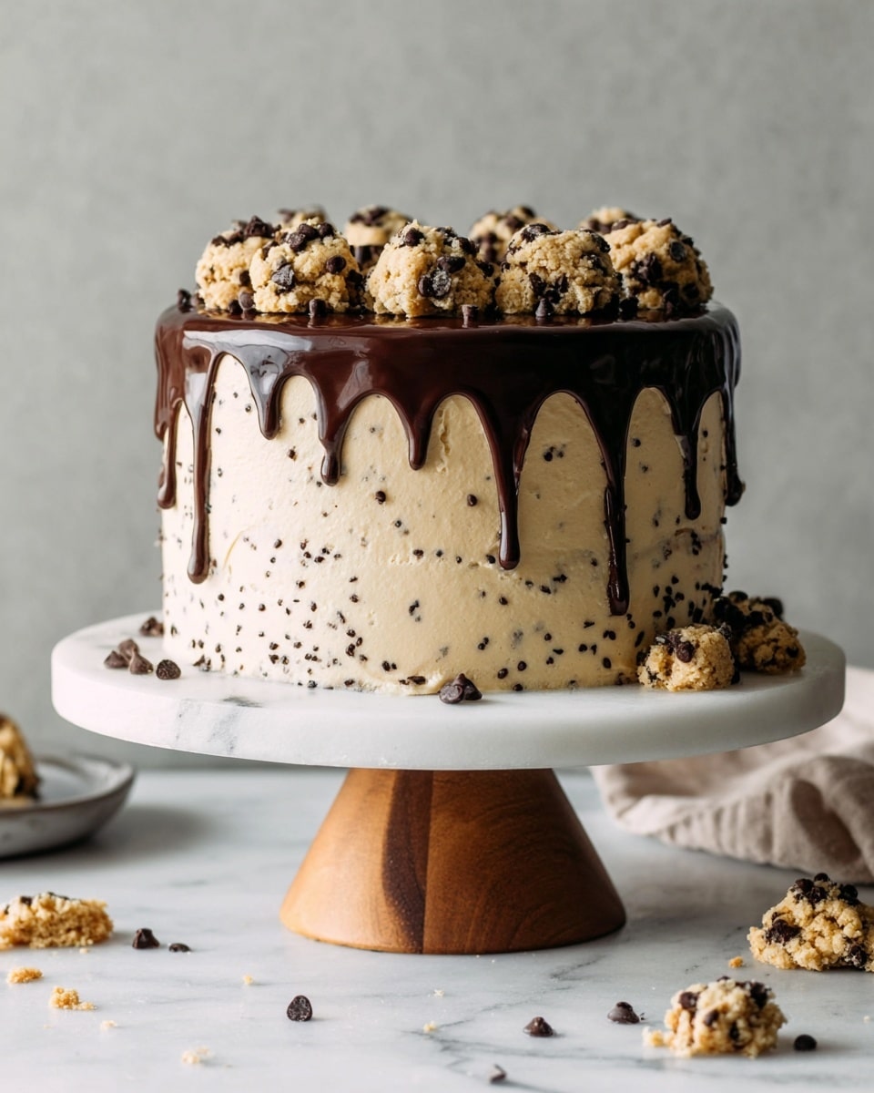 The image shows a round cake on a white marble cake stand with a wooden base. The cake has three visible layers: the bottom and middle layers are covered in creamy beige frosting with small dark chocolate chips mixed through, giving it a speckled look. The top layer has a thick, glossy dark chocolate ganache dripping down the sides unevenly. On top of the ganache, there is a layer of chunky cookie dough bits, also with dark chocolate chips, adding texture and color contrast. Some cookie dough pieces are scattered around the base of the cake stand on a white marbled surface. photo taken with an iphone --ar 4:5 --v 7