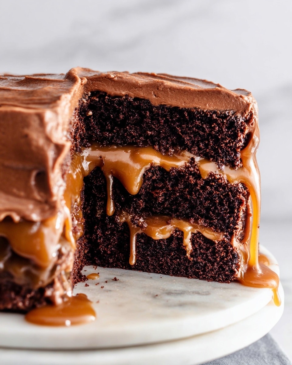 The image shows a three-layer chocolate cake with thick, smooth chocolate frosting covering the top and sides. Between the layers, a glossy caramel sauce oozes out, dripping slightly down the sides of the cake. The rich, dark brown cake layers have a soft and moist texture, contrasting with the shiny, amber caramel filling and the creamy, lighter brown frosting. The cake is placed on a round white marble surface, which highlights the cake's colors and textures beautifully. Photo taken with an iphone --ar 4:5 --v 7