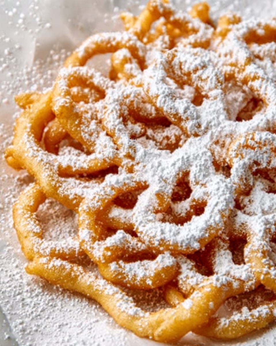The image shows two funnel cakes on white baking paper, each shaped in a round, tangled pattern of golden-brown fried batter dusted thickly with white powdered sugar. The cakes have a lacy, uneven texture with small holes and irregular loops, giving them a crisp and airy look. The front funnel cake is centered and in focus, while the second one is partially visible and blurred in the background. The white marbled surface underneath adds a clean and bright feel to the image. photo taken with an iphone --ar 4:5 --v 7