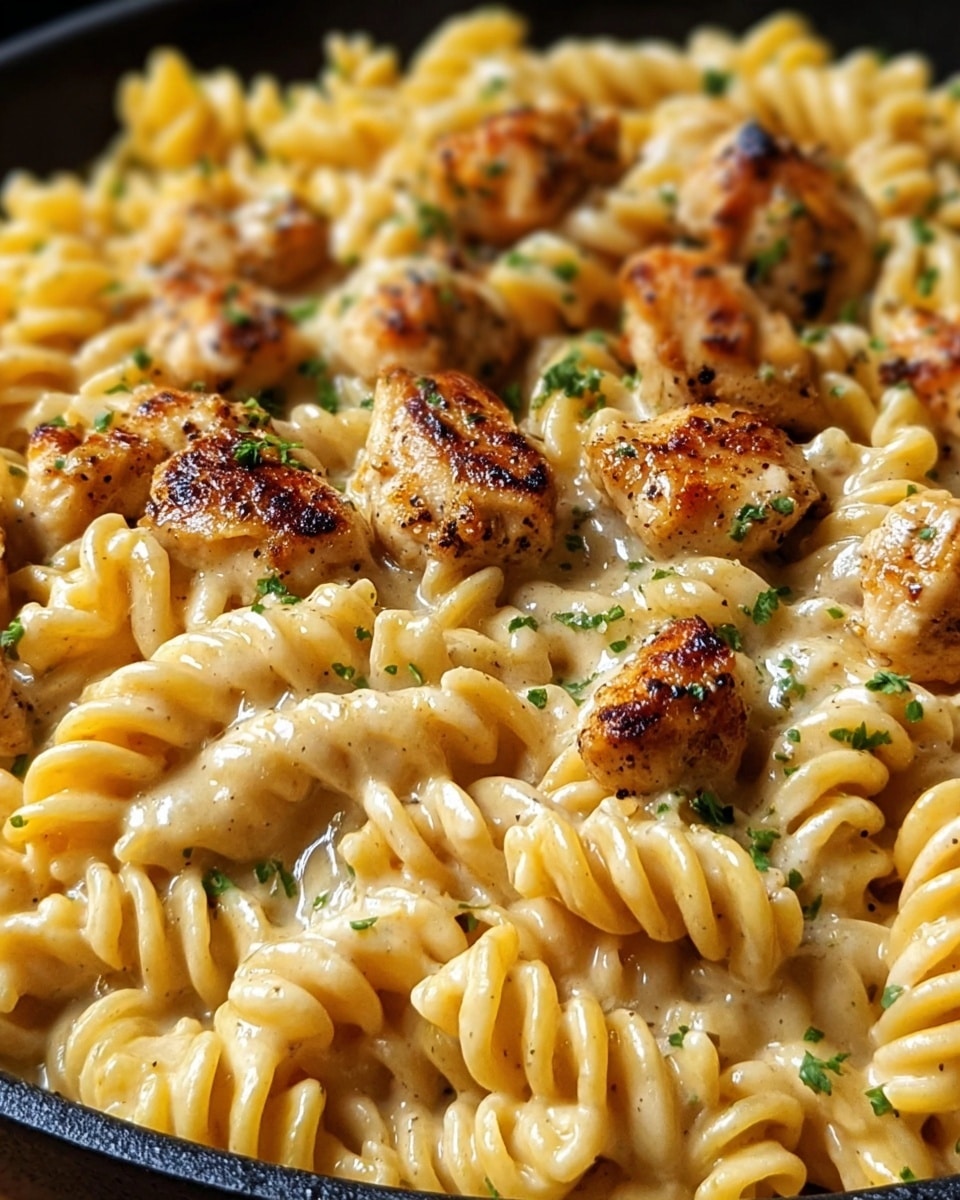 A close-up view of a creamy pasta dish in a black pan, showing one main layer of golden yellow rotini pasta coated in a smooth, light beige creamy sauce, topped with small pieces of grilled chicken breast that are browned and slightly charred, with a light sprinkle of green herb bits scattered evenly over the surface. The dish has a rich and glossy texture, with the pasta and chicken pieces mixed together closely. Photo taken with an iphone --ar 4:5 --v 7
