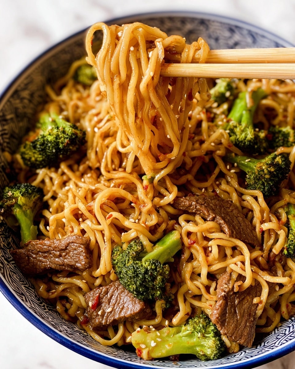 The dish shows a white bowl with blue zigzag patterns, filled with a mix of stir-fried noodles, beef slices, and broccoli. The noodles are golden brown and slightly shiny, twisted around thick, dark brown beef pieces that have a juicy texture. Bright green broccoli florets are scattered throughout, adding a fresh color contrast. Some small sesame seeds and red chili flakes are sprinkled on top, adding texture and color. The bowl is set on a white marbled surface with a small white bowl of sesame seeds and a pair of wooden chopsticks nearby. Photo taken with an iphone --ar 4:5 --v 7