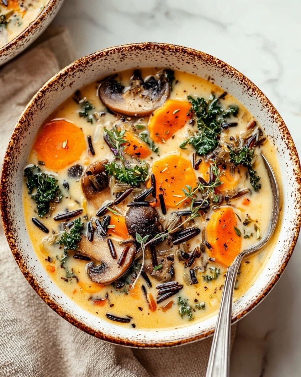 The image shows a close-up of a creamy soup in a white bowl with a brown speckled rim, filled with several layers of ingredients. The base is a light beige creamy broth with visible specks of herbs and spices. Floating on the surface are bright orange carrot slices, dark brown sautéed mushroom pieces, green kale leaves, and scattered wild rice grains that add a touch of dark texture throughout. A silver spoon rests on the right side inside the bowl, partially submerged in the soup. The bowl is set on a white marbled surface with part of a beige cloth visible nearby. Photo taken with an iphone --ar 4:5 --v 7