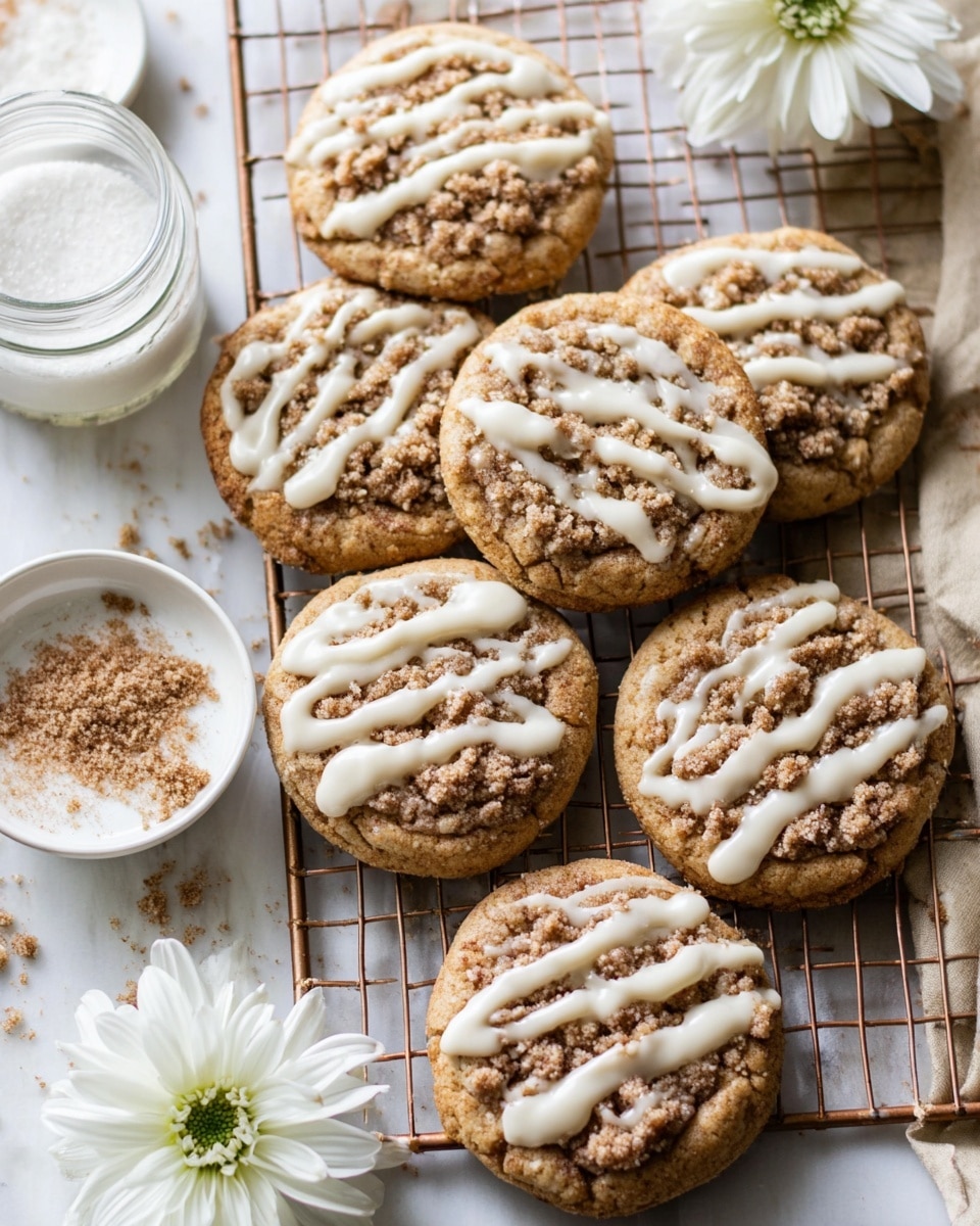 A group of six round cookies, each about two layers: the base layer is golden brown and slightly cracked, topped with a crumbly brown streusel layer in the middle, and finished with a light cream-colored drizzle of icing across the top. They are placed close together on a bronze wire cooling rack over a white marbled surface. Next to the cookies, there is a small white bowl filled with extra crumb topping and a small white plate with a dusting of light brown cinnamon powder. A glass jar filled with white sugar sits in the background. A white daisy flower lies near the bottom edge of the image. Photo taken with an iphone --ar 4:5 --v 7