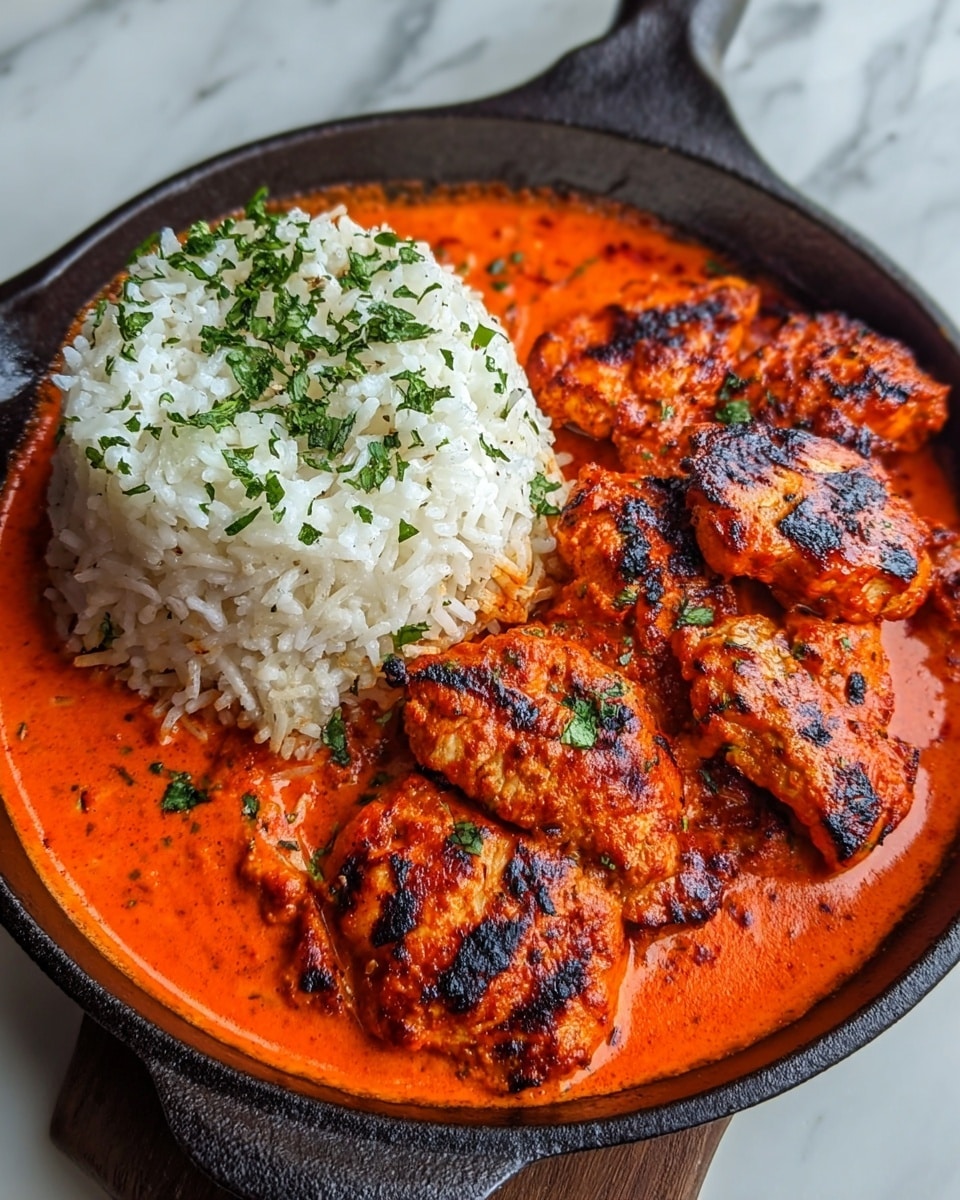 A black cast iron pan holds a dish with two main parts: on the left, a mound of fluffy white rice topped with chopped green herbs, and on the right, several pieces of grilled chicken coated in a bright red-orange creamy sauce. The chicken has char marks, adding texture and darker spots on the reddish coating. The sauce surrounds the chicken and edges the rice slightly, creating a rich contrast between white and vibrant red. The pan sits on a surface with a white marbled texture. Photo taken with an iphone --ar 4:5 --v 7