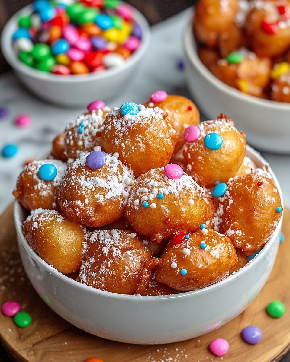 A white bowl filled with golden brown, round fried dough balls dusted lightly with white powdered sugar, some pieces showing slight shiny texture from a glaze. Scattered on and around the dough balls are small, colorful candy sprinkles in bright red, green, blue, purple, pink, and orange. The bowl rests on a wooden stand, and the background features another white bowl filled with multicolored candy pieces on a white marbled surface. photo taken with an iphone --ar 4:5 --v 7