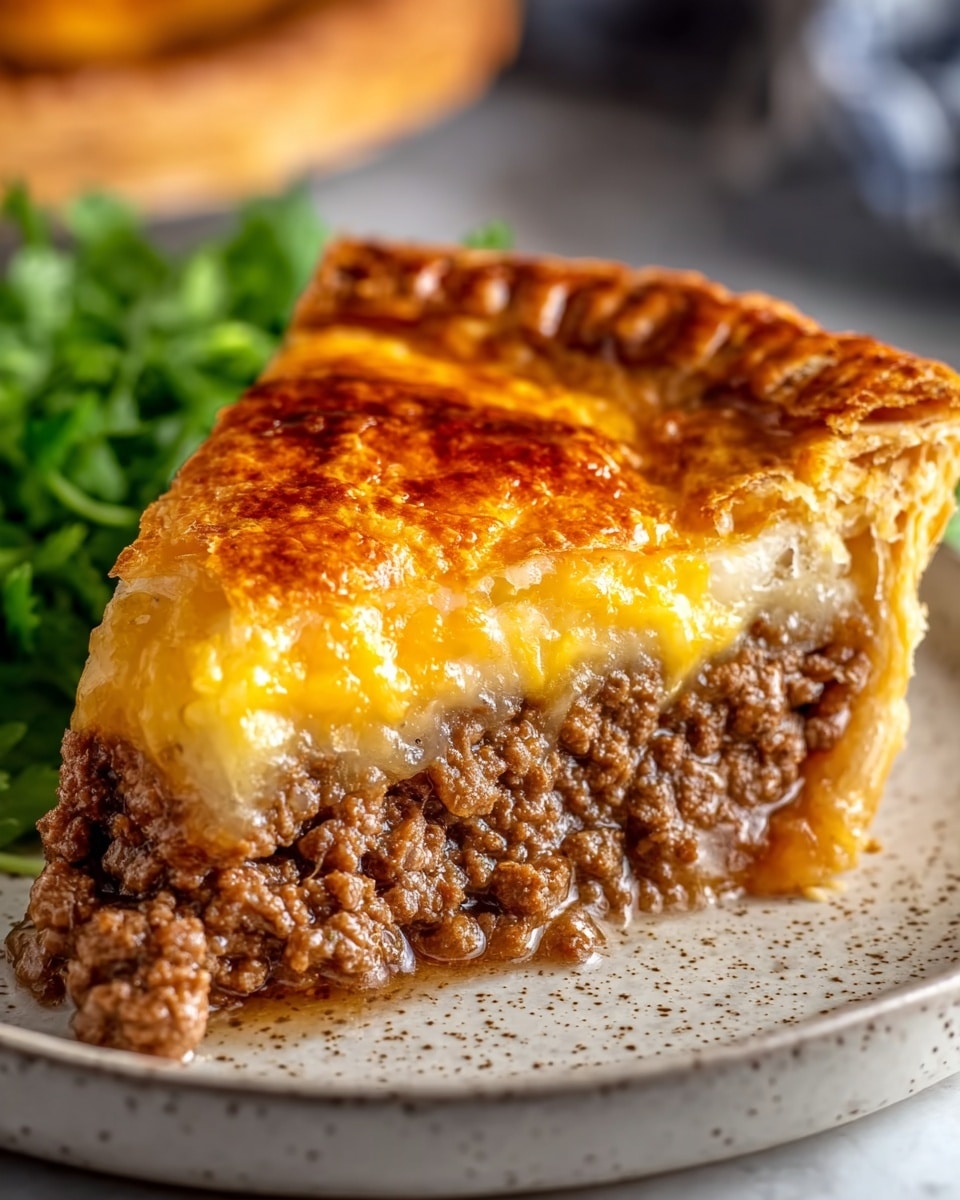 A close-up of a slice of meat pie showing three layers: the bottom flaky golden brown crust, the middle layer of cooked ground beef with a rich brown color and crumbly texture, and the top layer of melted cheese that is golden and slightly browned, all held together by a crispy, shiny top crust with crimped edges. The slice is placed on a white plate with speckled texture, set on a white marbled surface with some blurred green leafy garnish in the background. Photo taken with an iphone --ar 4:5 --v 7