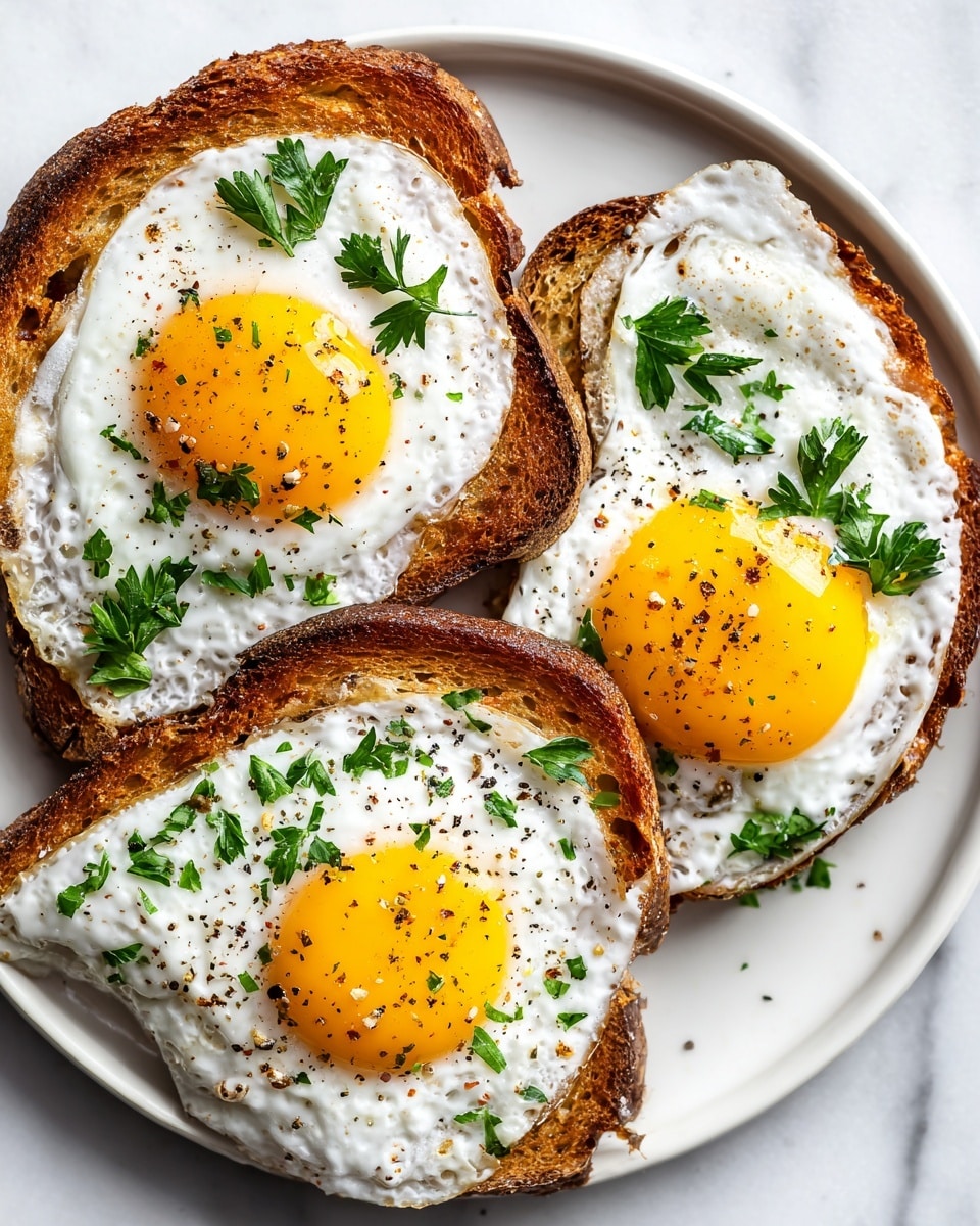 Three slices of toasted rustic bread with thick golden brown crust edges, each topped with a sunny side up fried egg. The eggs have bright yellow, glossy yolks centered on firm white egg whites with slightly crisp, uneven edges. Fresh green chopped parsley and tiny black pepper flakes are sprinkled over the eggs. The toasts are arranged on a white plate set on a white marbled surface. photo taken with an iphone --ar 4:5 --v 7