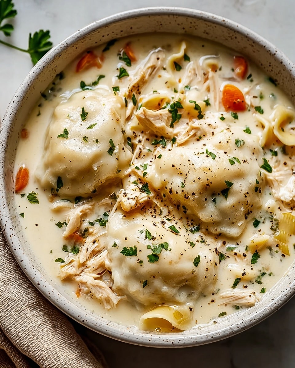 A white speckled bowl filled with a creamy chicken and dumplings dish, showing three thick, soft, white dumplings sitting atop shredded chicken pieces and small elbow pasta, all covered in a rich, pale beige creamy broth. Small orange carrot slices and green herb flakes are scattered throughout the soup, with fresh chopped parsley and a sprinkle of black pepper on top of the dumplings. The bowl is set on a white marbled texture surface with a beige cloth partly visible to the side. Photo taken with an iphone --ar 4:5 --v 7