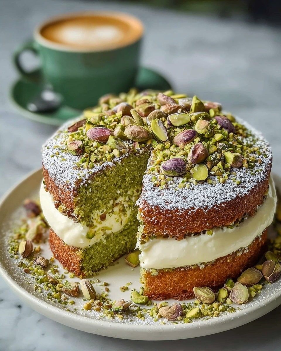 A round cake with two green sponge layers filled with a thick creamy white layer in the middle, topped with powdered sugar and a mix of whole and sliced pistachios along with crushed green nuts, all sitting on a white plate sprinkled with crushed nuts and powdered sugar; in the background, a green cup with a coffee is out of focus, and the surface beneath the plate is a white marbled texture. photo taken with an iphone --ar 4:5 --v 7