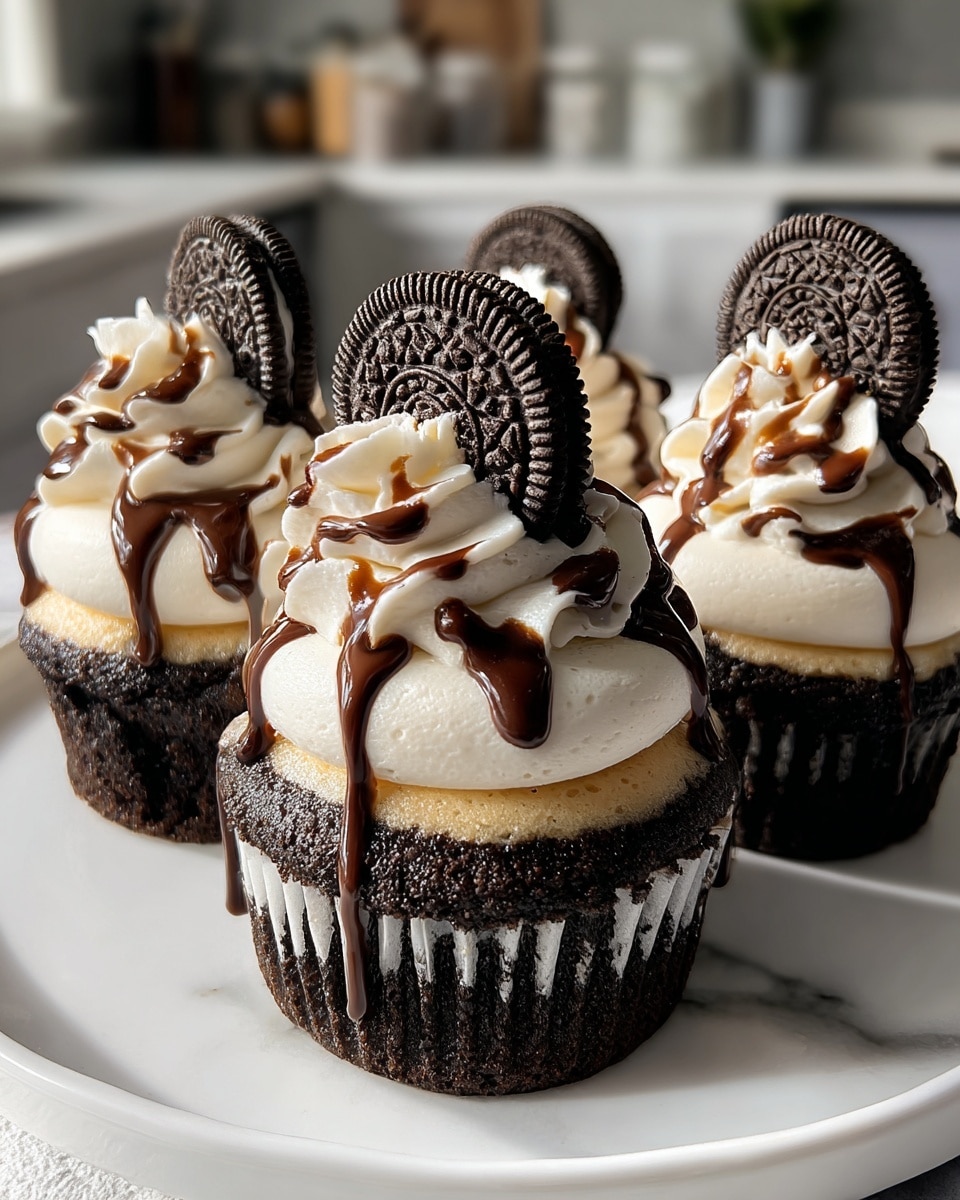 The image shows four cupcakes arranged in a group on a white plate set on a white marbled surface. Each cupcake has two layers: a bottom dark chocolate layer and a top light vanilla layer. On top of each cupcake is a swirl of white whipped cream frosting. Dark chocolate sauce drips down the frosting and sides of the cupcakes. A whole Oreo cookie is placed vertically on top of each frosting swirl, adding contrast with its dark color and detailed texture. The background shows a blurred kitchen scene. photo taken with an iphone --ar 4:5 --v 7