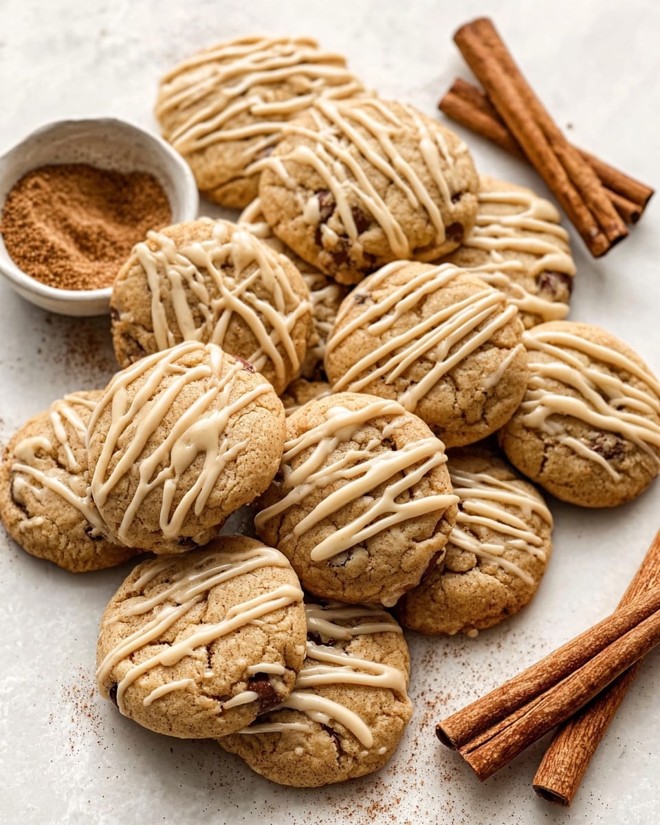 The image shows a group of soft, round cookies arranged closely on a white marbled surface. Each cookie has a light golden brown color with visible chocolate chips inside, and they are topped with a light cream-colored drizzle in diagonal lines. To the side, there is a small white bowl filled with a fine brown powder, likely cinnamon sugar. Two cinnamon sticks lie near the bowl, adding a rustic touch. The overall scene is warm and inviting, with soft shadows enhancing the texture of the cookies. Photo taken with an iphone --ar 4:5 --v 7