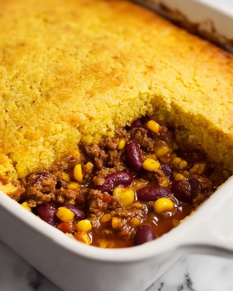 A close-up view of a white baking dish filled with a layered casserole. The top layer is a golden-yellow, slightly crumbly cornbread crust with a textured surface. Beneath it is a thick, hearty layer of ground beef mixed with bright yellow corn kernels and dark red kidney beans in a rich brown sauce. The colors contrast well, showing the cornbread's rough texture above the moist, chunky filling. The edge of the white baking dish has some slight browning from baking, and the whole scene sits on a white marbled surface. Photo taken with an iphone --ar 4:5 --v 7