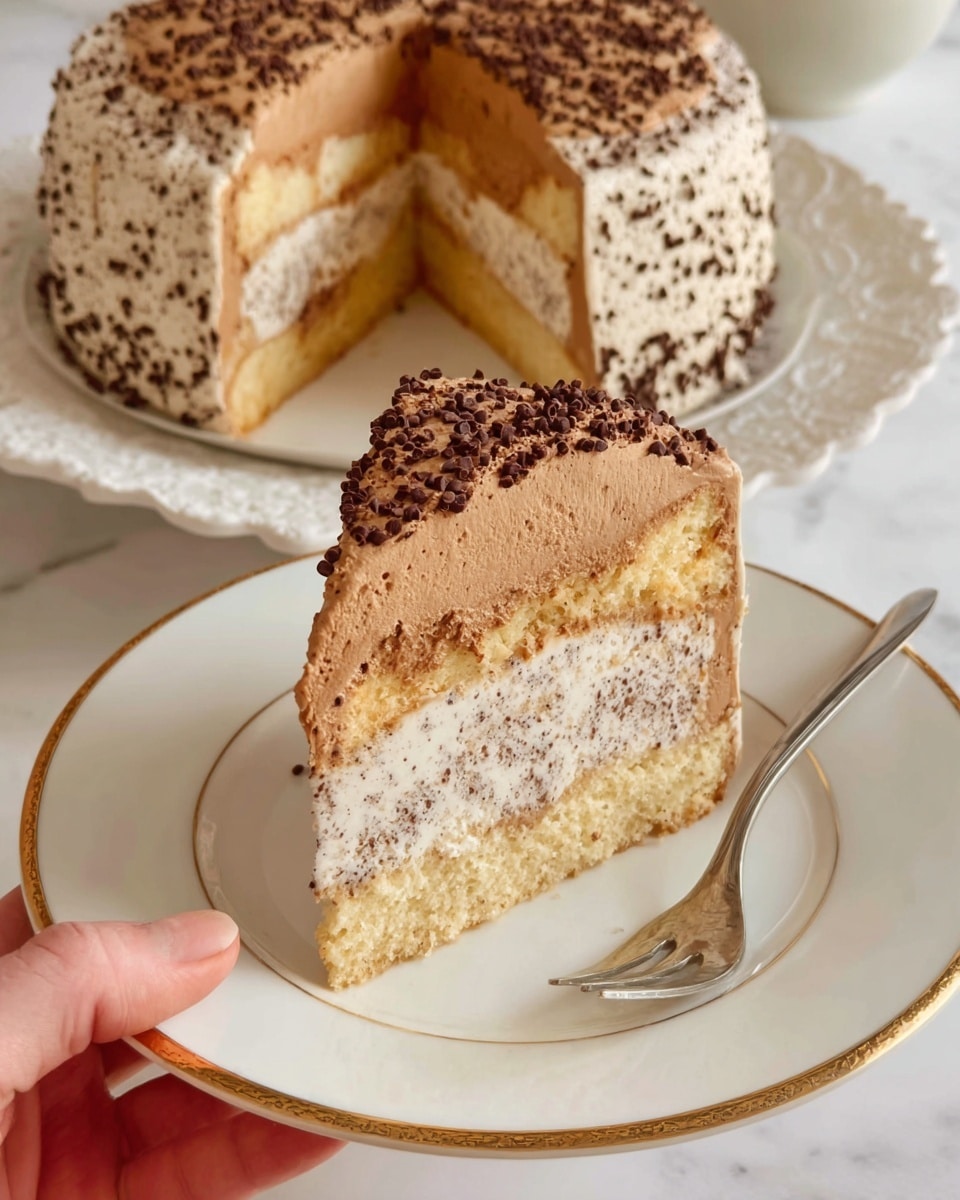 A slice of three-layer cake is placed on a white plate with a gold rim, held by a woman's hand. The cake slice has a light brown bottom sponge layer, a middle layer of whipped cream with chocolate specks, and a top layer of smooth, darker brown mousse. The entire slice is coated with light tan frosting, slightly textured, and sprinkled with small dark chocolate pieces on the outer surface. A silver fork rests on the plate above the cake slice. In the background, the larger cake sits on a white plate with a decorative edge, showing the same three layers inside and covered with the same tan frosting and chocolate pieces, all set on a white marbled surface. Photo taken with an iphone --ar 4:5 --v 7