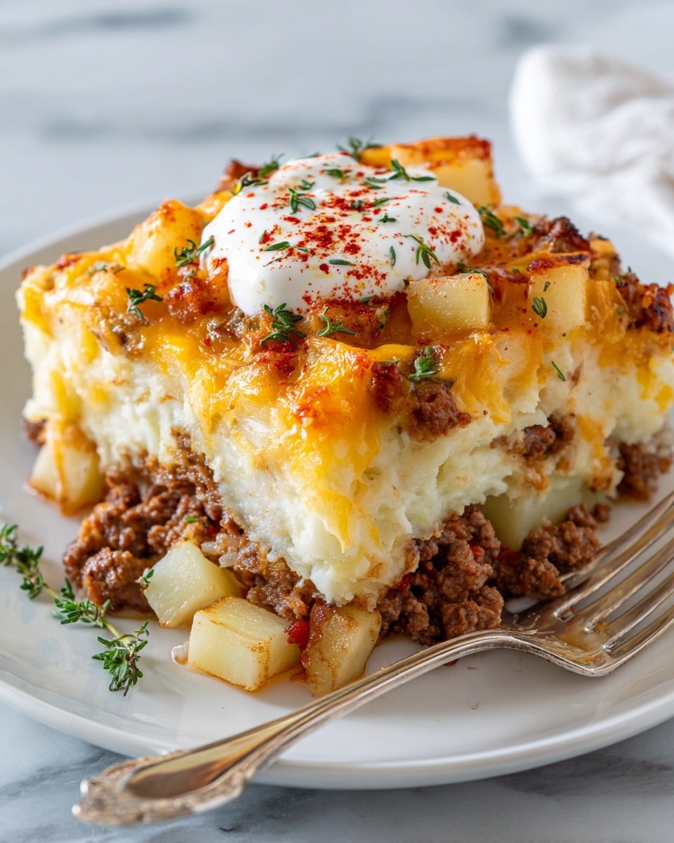 A white round plate filled with a base layer of golden-brown crispy potato cubes, topped with a layer of cooked ground beef in a rich brown color, followed by a generous sprinkle of melted yellow and white cheese. In the center, there is a dollop of white sour cream dusted with red paprika powder and garnished with fresh green herbs, adding a pop of color. A silver fork is placed on the right side of the plate, and the plate sits on a white marbled textured surface with a glimpse of a blue and white striped cloth. Photo taken with an iphone --ar 4:5 --v 7