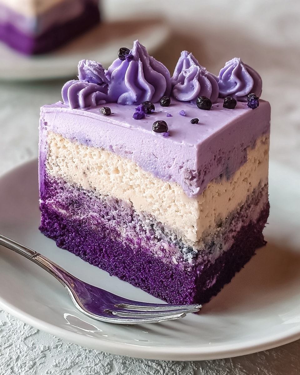 The image shows a square slice of cake on a white plate with a silver fork beside it. The cake has three visible layers: the bottom layer is a dense, bright purple sponge cake; the middle layer is a creamy, pale beige with bits of purple mixed in; the top layer is a smooth, lighter purple frosting spread evenly. On top, there are small decorative swirls of darker purple cream and some tiny dark purple round toppings. The cake sits on a white marbled textured surface. Photo taken with an iphone --ar 4:5 --v 7