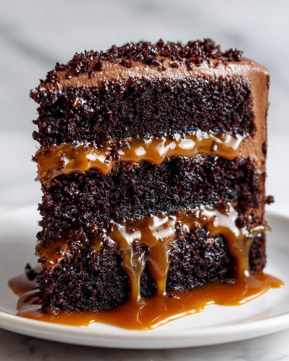 A thick slice of three-layer dark chocolate cake sits on a white plate on a white marbled surface. The bottom and top layers are dark, moist chocolate cake with a rough crumb texture, while the middle layer consists of shiny caramel sauce dripping slightly onto the plate. Between the cake layers and caramel, there is a smooth layer of light brown chocolate frosting, which also covers the top and sides with a slightly rough, whipped texture. The caramel sauce glistens with a sticky, glossy finish as it blends into the frosting. Photo taken with an iphone --ar 4:5 --v 7