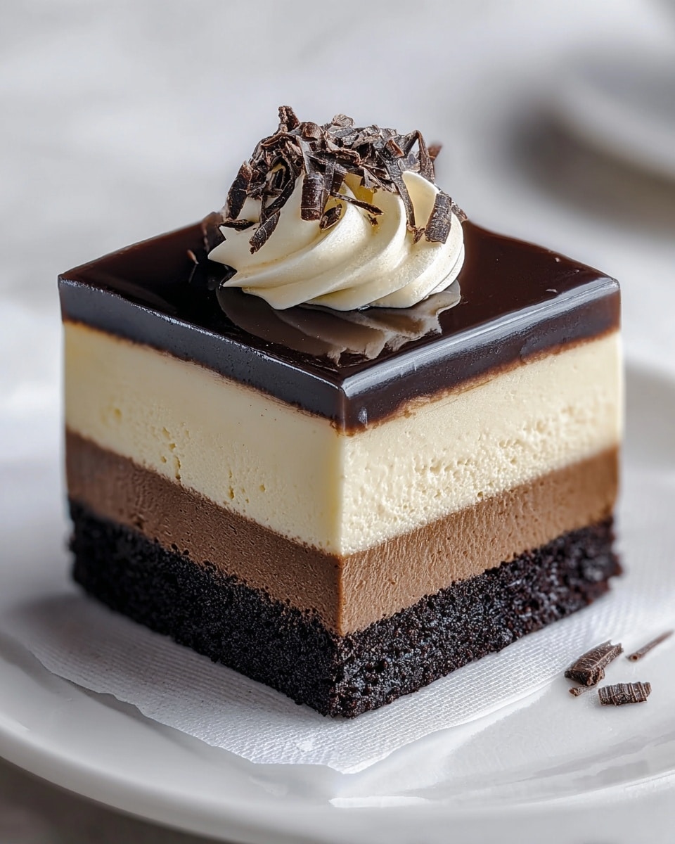 A square piece of cake with four clear layers sits on a white plate lined with white parchment paper, all on a white marbled surface. The bottom layer is dark, moist chocolate cake, topped by a thick middle layer of light, creamy beige mousse or custard. Above that is a thin, rich dark chocolate cake layer, and the top layer is a shiny, smooth dark chocolate glaze. On top, a small swirl of pale cream is decorated with dark chocolate shavings, with a few shavings scattered on the plate around the cake. Photo taken with an iphone --ar 4:5 --v 7
