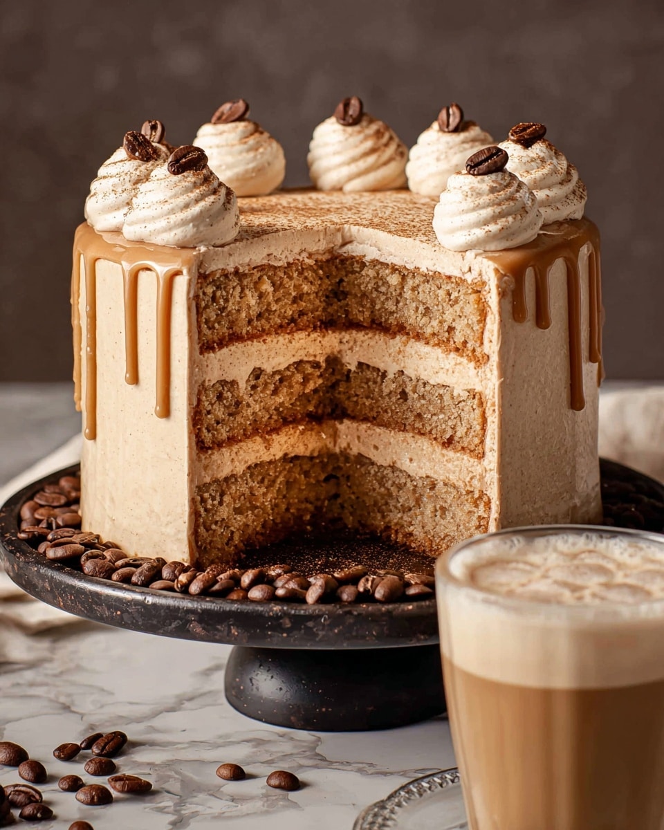 A three-layer coffee cake stands on a dark round cake stand surrounded by coffee beans, each cake layer showing a light brown crumb texture with a thin layer of creamy, light beige frosting between them. The outside of the cake is covered in smooth coffee-colored frosting with a shiny caramel drip cascading down one side. The top is decorated with six swirls of the same light beige frosting, each topped with one dark brown coffee bean and a light dusting of coffee grounds. In front, a glass with creamy coffee drink and frothy top adds to the scene, all set on a white marbled surface. Photo taken with an iphone --ar 4:5 --v 7