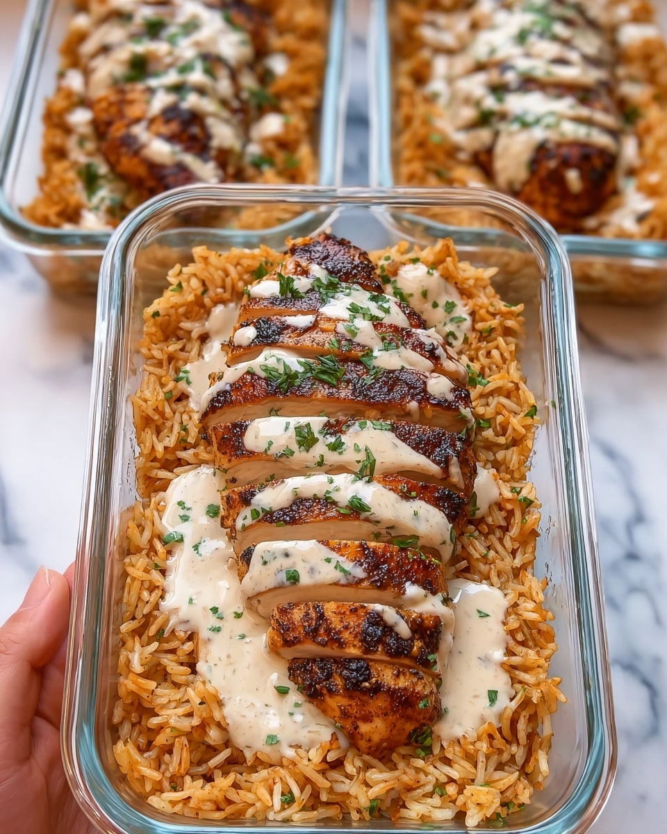 The image shows a clear glass rectangular container held by two woman's hands on the sides, filled with two main layers. The bottom layer is light orange seasoned rice with visible small green herbs mixed in, covering the entire base. On top of the rice lies a dark brown, grilled chicken breast with clear char marks and a slightly glossy texture. The chicken is sliced into thick pieces and generously covered with a creamy off-white sauce speckled with herbs. Similar glass containers with the same meal are placed in the background on a white marbled surface. Photo taken with an iphone --ar 4:5 --v 7