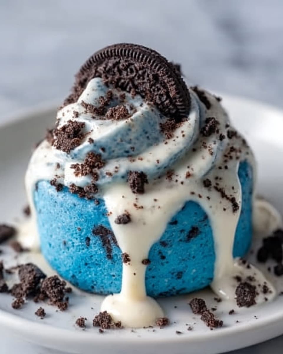 A bright blue small cake sits on a white plate. It has two main layers: the base is a smooth, round blue cake, and on top, thick white cream flows down the sides in a soft, melting way. The white cream is sprinkled all over with crushed dark brown cookie crumbs. Half of a dark cookie with a cream center is placed on top, along with more crumbs scattered around. The scene is on a white marbled surface. Photo taken with an iphone --ar 4:5 --v 7