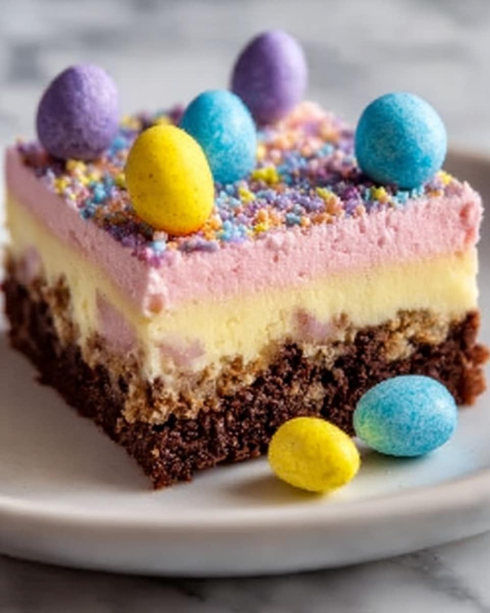 The image shows a square piece of dessert on a white plate, placed on a white marbled surface. The dessert has three distinct layers: the bottom layer is dark brown and crumbly, the middle layer is light yellow and smooth, and the top layer is pink with a creamy texture, sprinkled with small colorful candy bits. On top, there are several small, brightly colored egg-shaped candies in purple, blue, yellow, and light blue scattered around and standing upright. Photo taken with an iphone --ar 4:5 --v 7