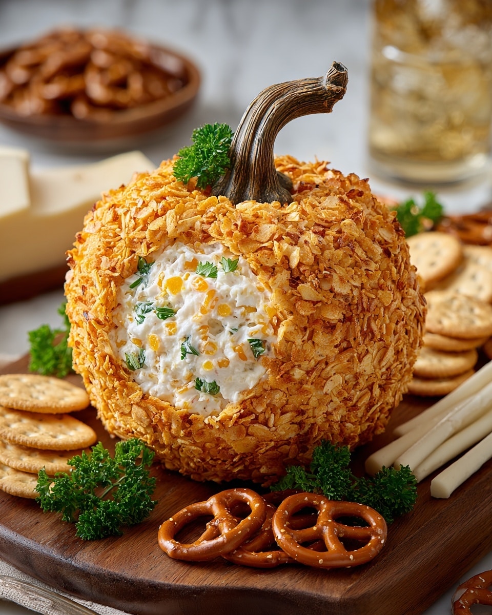 The image shows a round cheese ball designed to look like a small pumpkin, placed on a wooden board. The cheese ball has two main layers: the outer layer is covered with crushed golden flakes giving it a rough texture and a deep orange color, resembling pumpkin skin, and it is topped with a short brown stem and a small green parsley sprig. The inside layer, visible through a carved-out opening, is creamy white mixed with small pieces of shredded yellow cheese and green herbs. Surrounding the pumpkin cheese ball are white cheese sticks, tan crackers topped with walnuts, twisted brown pretzels, and fresh green parsley sprigs, all set on a white marbled surface. The photo taken with an iphone --ar 4:5 --v 7