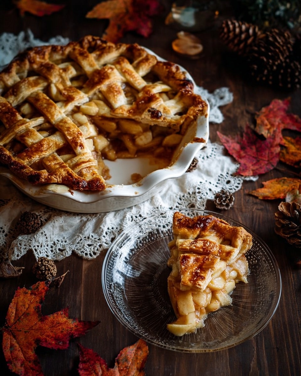 A lattice-topped apple pie with a golden brown crust sits partly eaten in a white pie dish, showing soft, cooked apple slices and thick, amber-colored filling inside. A single triangular slice with a shiny crust and visible apple pieces is placed on a clear glass plate below the pie dish. The scene includes scattered red, orange, and brown autumn leaves and pinecones, all set on a dark wooden table with a white lace cloth partially under the pie dish. photo taken with an iphone --ar 4:5 --v 7