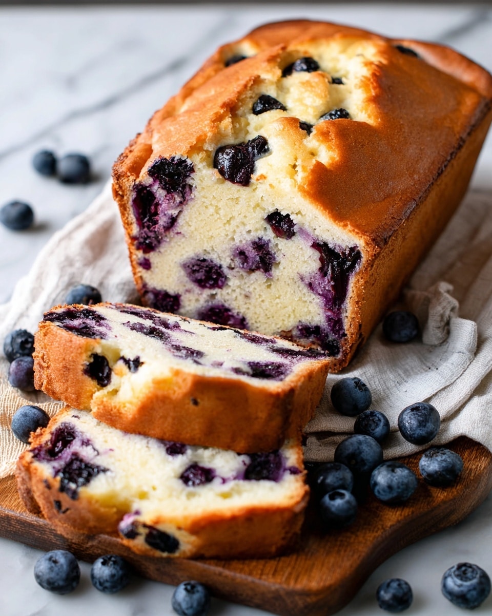 A loaf of blueberry cake with a golden brown crust sits on a wooden board covered with a white cloth, surrounded by fresh blueberries. The cake has been cut into thick slices, showing a light yellow, soft interior filled with juicy, dark blue blueberries spread evenly throughout. The crust is slightly cracked on top, revealing some of the blueberries peeking through. The wooden board and scattered blueberries add a natural touch, while the background is a white marbled texture. photo taken with an iphone --ar 4:5 --v 7