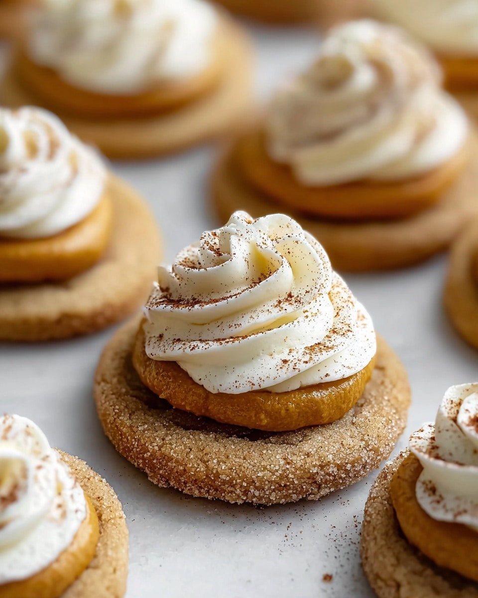 The image shows a close-up of round cookies with three visible layers: the base layer is a light brown, sugar-coated cookie with a slightly grainy texture, the middle layer is a smooth, orange pumpkin-like filling, and the top layer is a swirl of white cream frosting sprinkled lightly with brown spice powder. Each cookie is placed on a white marbled surface, and there are multiple cookies out of focus in the background. The focus is on one cookie in the center which shows the detailed texture of each layer clearly. photo taken with an iphone --ar 4:5 --v 7