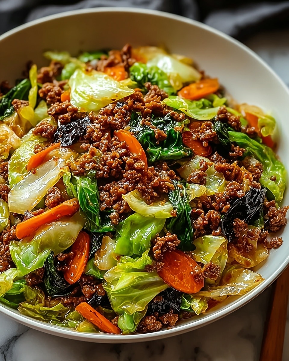 A close-up view of a stir-fry dish served in a white bowl, showing three main layers: a base of cooked light green cabbage pieces with a glossy texture, mixed throughout with bright orange carrot slices and dark leafy greens; on top, generously sprinkled cooked ground meat that is brown and crumbly, evenly spread across the vegetables; the whole dish has a shiny, oily glaze giving it a fresh, hot look, sitting on a white marbled surface. photo taken with an iphone --ar 4:5 --v 7