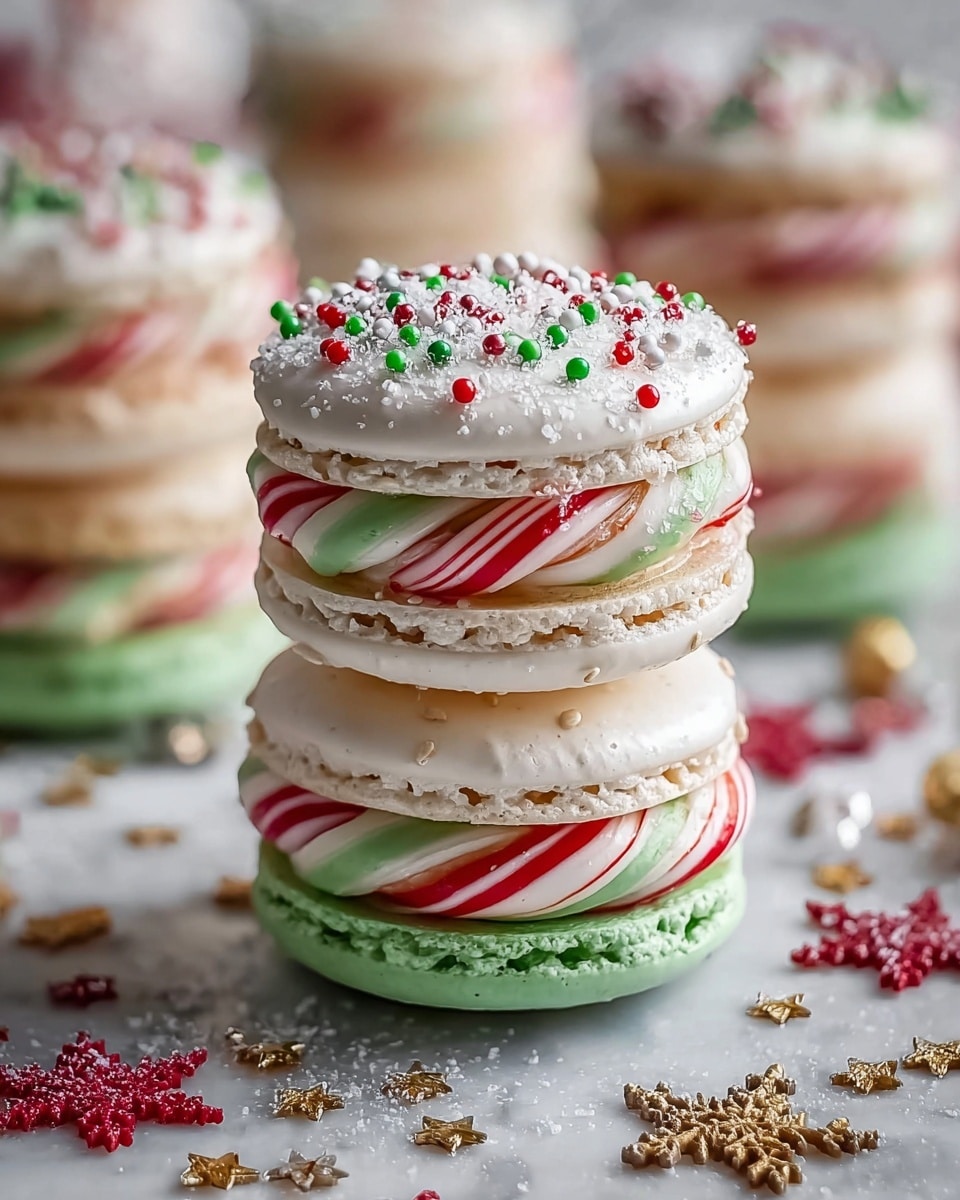 The image shows three white macarons stacked closely on a white marbled surface. Each macaron features two smooth, light beige shells in a slightly rough texture sandwiching a thick layer of creamy white filling. Within the filling, thin red and white striped candy pieces peek out, adding contrast. The top shells are decorated with small, round sprinkles in red, white, and green, along with fine green sugar crystals giving a festive look. Around the macarons, there are shiny red balls and two glittery gold star decorations. The background is softly blurred, emphasizing the macarons in the foreground. Photo taken with an iphone --ar 4:5 --v 7