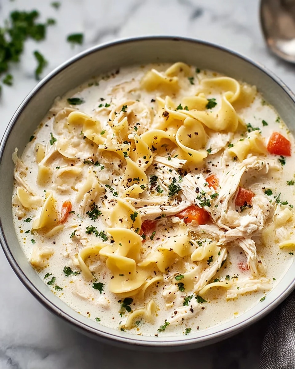 A bowl of creamy chicken noodle soup with three main layers is shown. The bottom layer is a white creamy broth with a smooth texture. On top of that are light yellow pasta pieces with wavy edges, some partially submerged and some floating. Scattered throughout are tender shredded chicken pieces in light beige color, mixed with small bits of soft orange carrot. The soup is sprinkled with fresh green herbs and black pepper, adding specks of green and dark brown on the surface. The bowl is white with a gray rim, sitting on a white marbled surface. Photo taken with an iphone --ar 4:5 --v 7