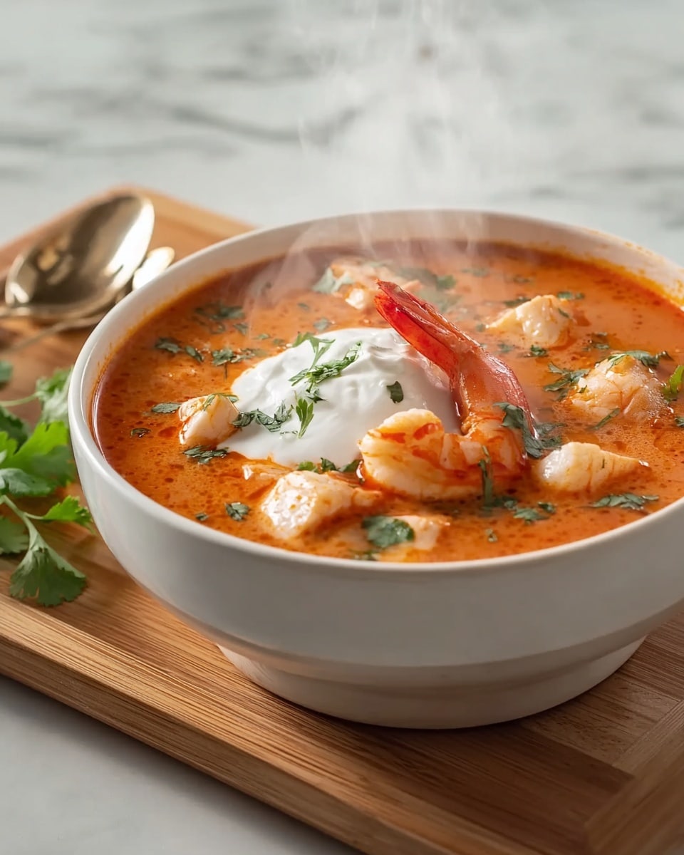 A white bowl filled with thick orange-red soup as the base layer, filled with chunks of white fish and pink shrimp spread throughout. On top, a dollop of white cream is placed in the center, garnished with small green cilantro leaves scattered around and on the cream. A single whole bright red shrimp lies near the cream on the surface of the soup. Steam rises gently from the bowl, showing it is hot. The bowl rests on a wooden board atop a white marbled surface. Photo taken with an iphone --ar 4:5 --v 7