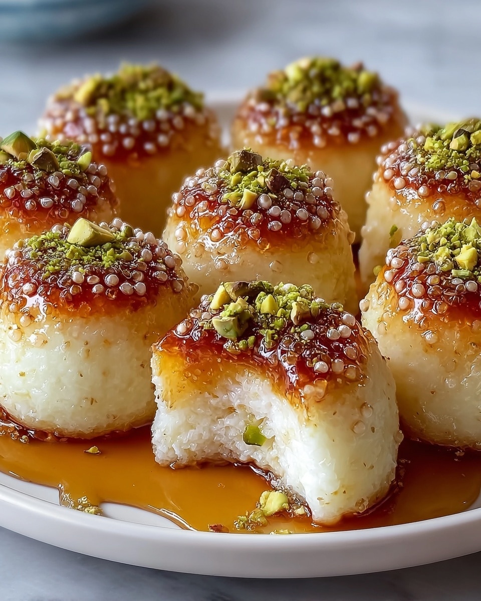 This image shows a white plate with eight small round sweets. Each sweet has three layers: a white spongy base, a shiny golden brown top layer covered with small white sugar beads, and crushed green pistachio nuts sprinkled on top. One sweet is cut in half, showing the soft and airy white inside with syrup pooling around the base of the sweets. The background is a white marbled texture. photo taken with an iphone --ar 4:5 --v 7