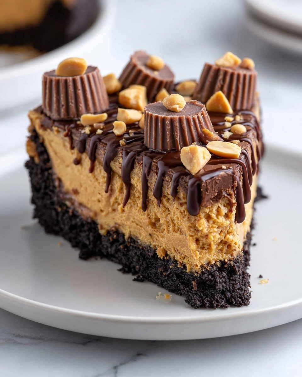 A slice of dessert with three visible layers sits on a white plate over a white marbled texture surface. The bottom layer is dark and crumbly, resembling chocolate cookie crust. The middle layer is thick and golden brown, looking like peanut butter with a soft, dense texture. The top layer is a thin, darker chocolate section with a few mini peanut butter cups placed evenly, some cut to show the peanut butter inside, and drizzled with shiny dark chocolate sauce, with small peanut pieces scattered on top. Photo taken with an iphone --ar 4:5 --v 7