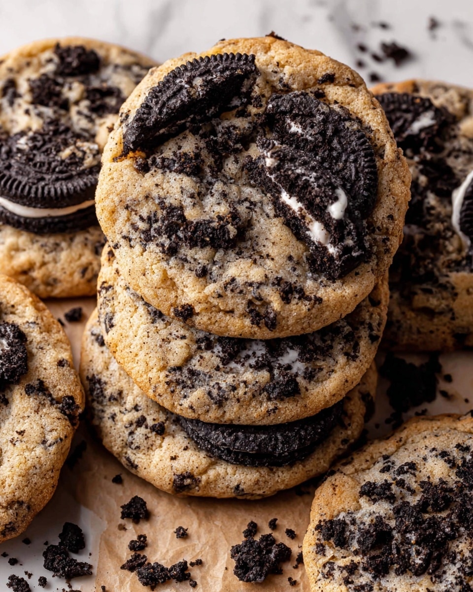 A close-up view of several thick cookies stacked together on a piece of light brown parchment paper, each cookie showing a crumbly light golden-brown dough mixed with many small dark cookie crumbs inside, topped and embedded with large dark chocolate sandwich cookie pieces with white cream visible in the broken parts, some cookie crumbs scattered around. The background is a white marbled texture. photo taken with an iphone --ar 4:5 --v 7