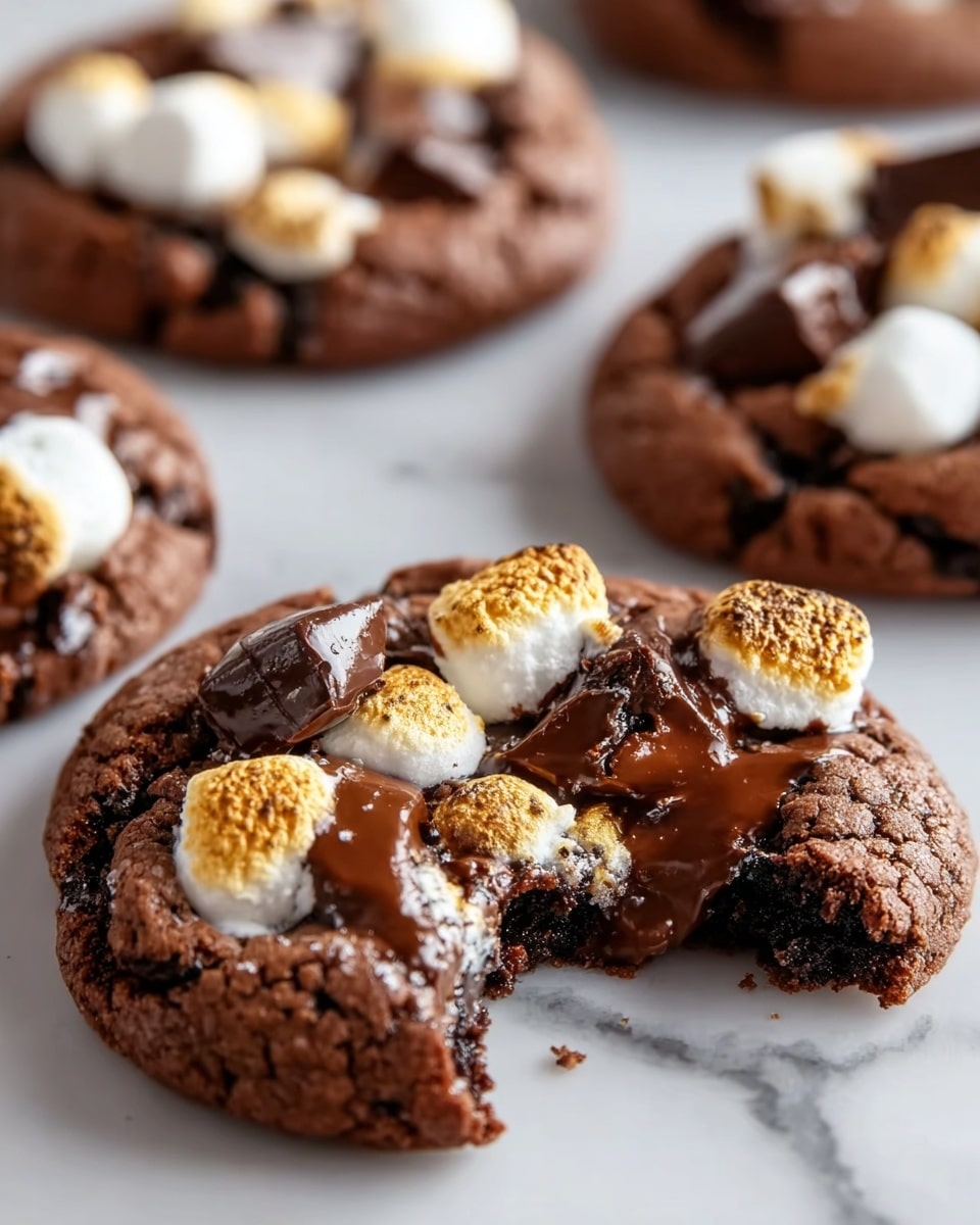 A close-up of a warm chocolate cookie broken in half, with a soft and chewy dark brown base, topped with melted dark chocolate pieces that are shiny and smooth, and golden toasted marshmallows that are soft and slightly puffy. The cookie sits on a white marbled surface, with more similar cookies blurred in the background. The rich, gooey texture contrasts with the slightly crisp outer edge of the cookie. Photo taken with an iphone --ar 4:5 --v 7