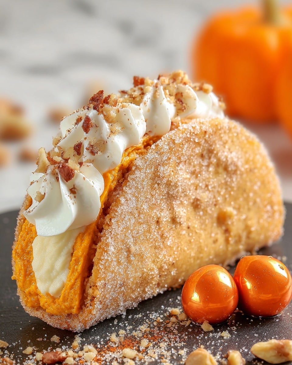 A close-up of a dessert shaped like a taco with three visible layers: the outside shell is golden brown and covered with sugar crystals, looking crisp and textured; the middle layer is filled with bright orange pumpkin-flavored cream, smooth with light ridges on the side; the top layer features a generous dollop of white whipped cream sprinkled with small pieces of crushed nuts and a light dusting of brown spice. The dessert sits on a dark surface scattered with bits of nuts and sugar, next to two small, shiny, orange pumpkin-shaped candies, all against a white marbled textured background. photo taken with an iphone --ar 4:5 --v 7