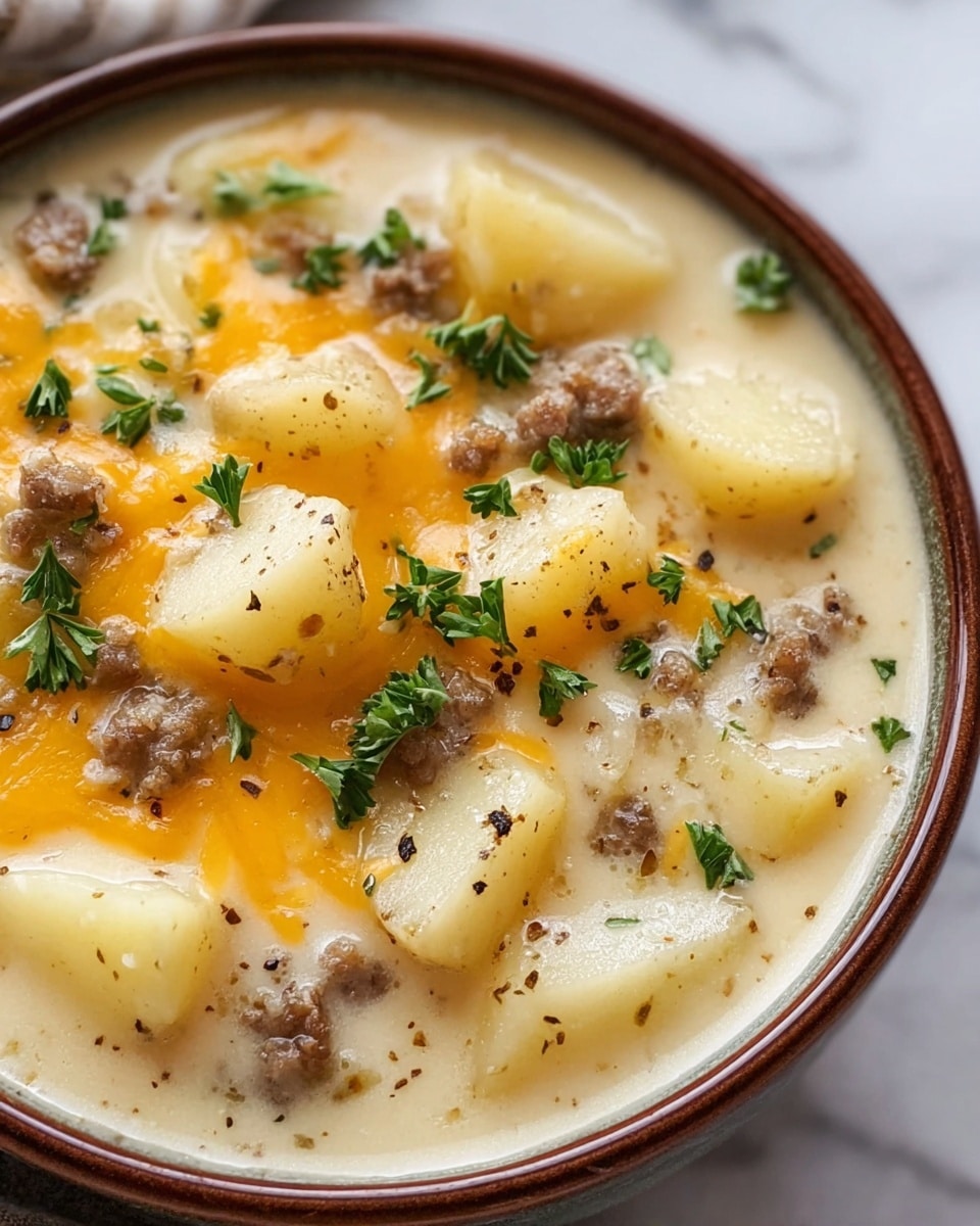 A close-up view of a bowl filled with creamy potato soup, showing three main layers. The bottom layer is a thick, smooth, pale creamy base that fills the bowl. On top of this sits a layer of soft potato chunks that are light yellow and slightly shiny. Scattered around the potatoes are small pieces of browned ground meat. The top layer consists of melted orange cheese spread evenly and sprinkled with fresh green herb leaves and coarse black pepper. The bowl is white inside with a brown rim, placed on a white marbled surface. Photo taken with an iphone --ar 4:5 --v 7