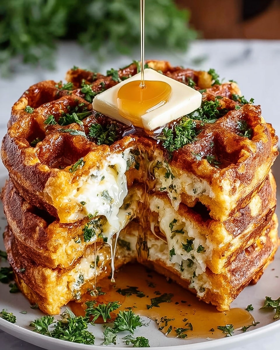 A stack of three golden-brown waffles sits on a white plate with a white marbled surface in the background. The waffles are thick and crispy, filled inside with melted white cheese and bits of green herbs, visible where a wedge is cut out showing gooey, warm cheese oozing out. On top of the stack is a square of butter sprinkled with fresh parsley, and amber syrup is being poured over the stack, dripping down the sides and pooling onto the plate. More fresh parsley is scattered on and around the plate for garnish. photo taken with an iphone --ar 4:5 --v 7