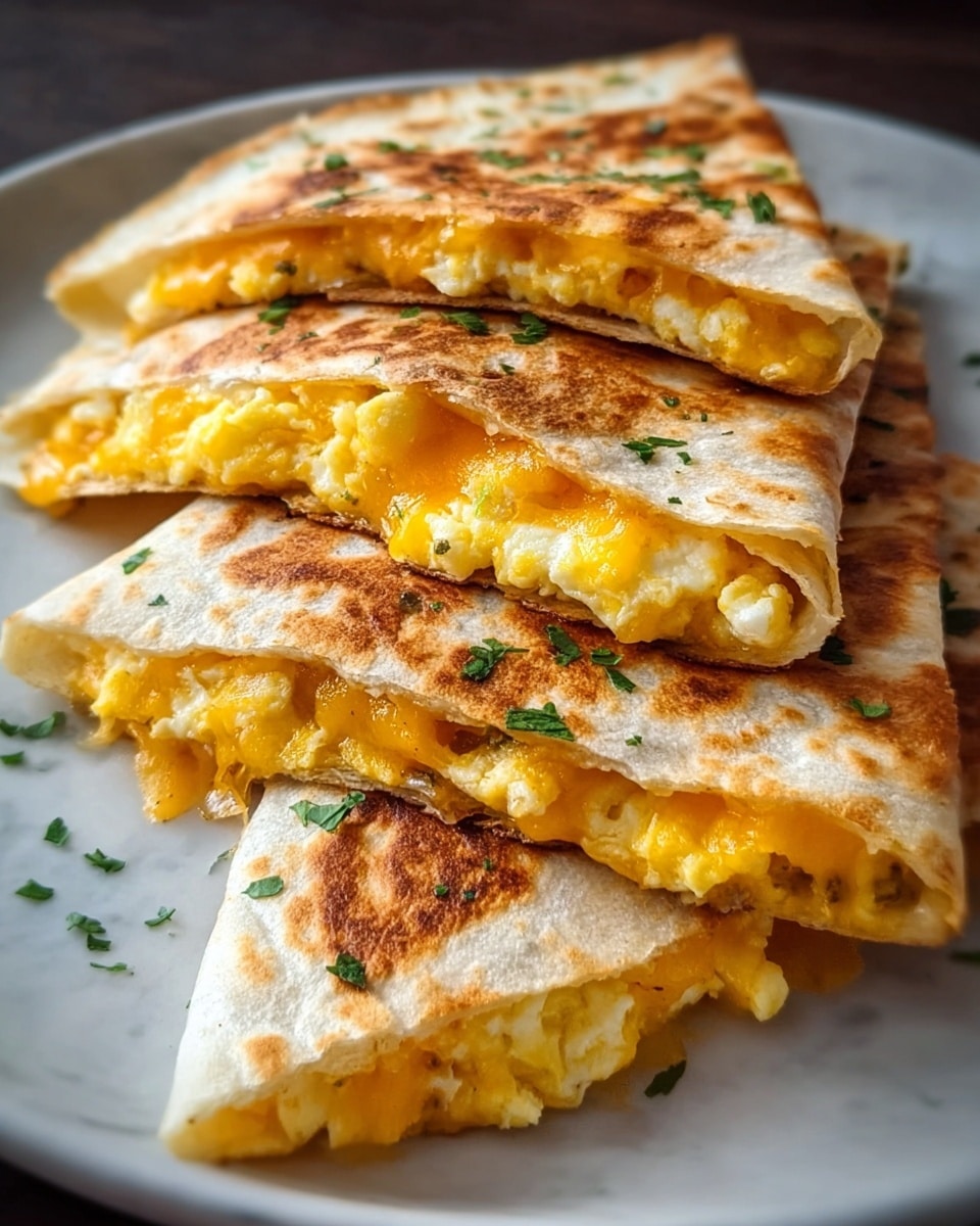 A close-up of three triangular quesadilla slices stacked slightly unevenly on a white plate, each slice showing a toasted light golden tortilla layer folded over a rich filling of melted cheddar and scrambled eggs. The crispy tortilla has toasted brown spots with some green herb sprinkles on top, and the gooey orange cheese oozes slightly from the edges. The creamy yellow eggs are visible between the tortilla layers, adding a soft texture contrast to the crispy outside, all set against a white marbled surface. photo taken with an iphone --ar 4:5 --v 7
