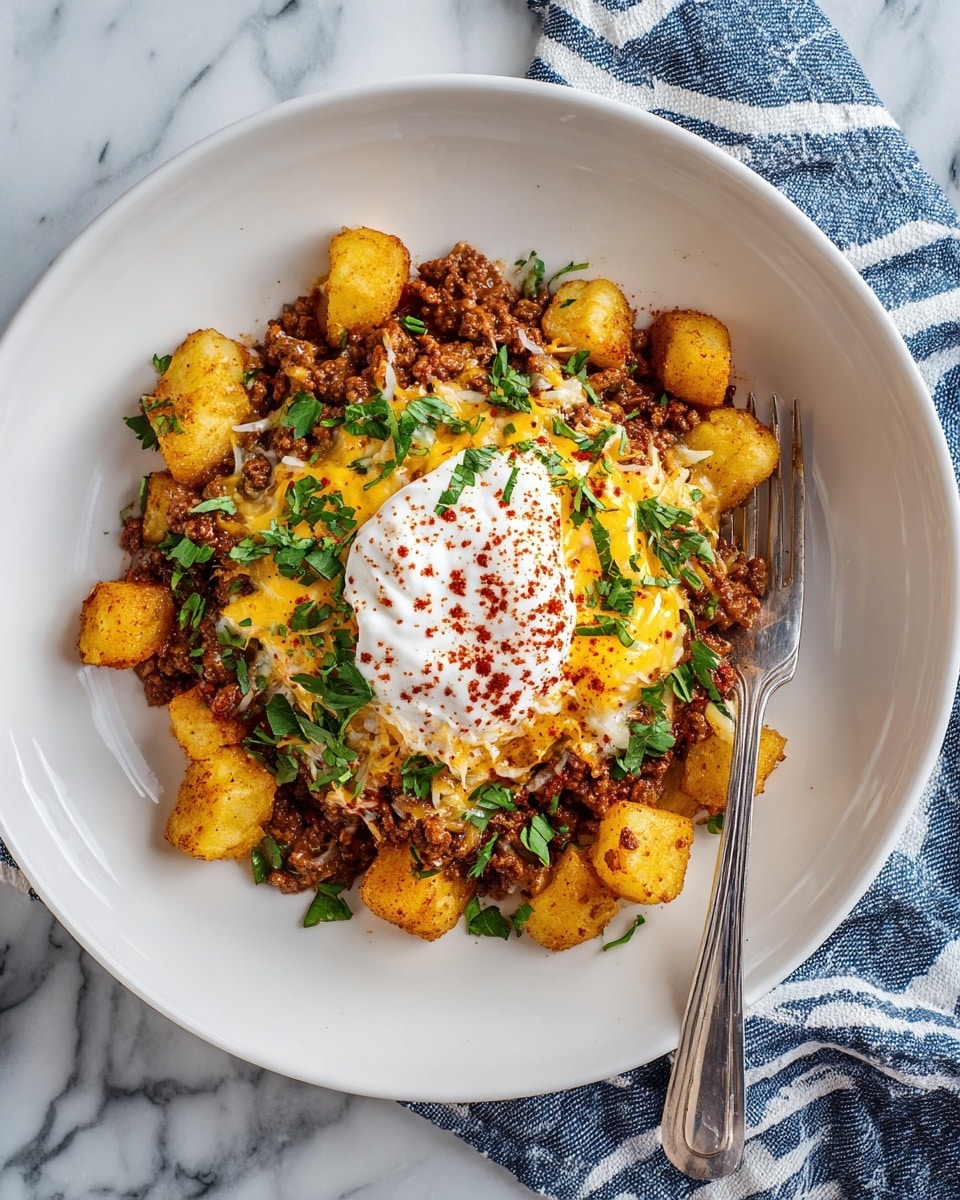 A close-up view of a dish with three main layers placed on a white plate. The bottom layer consists of soft, slightly browned white potatoes in cube shapes, mixed with cooked brown ground beef with crumbly texture. The middle layer is a creamy mashed potato mix with some ground beef bits mixed in, giving a smooth and hearty look. The top layer is golden melted cheddar cheese, scattered with browned potato cubes and small bits of ground beef, topped with a dollop of white sour cream sprinkled with red paprika and fresh green thyme leaves, adding a fresh contrast. A silver fork rests on the edge of the plate, all set against a white marbled textured surface. Photo taken with an iphone --ar 4:5 --v 7